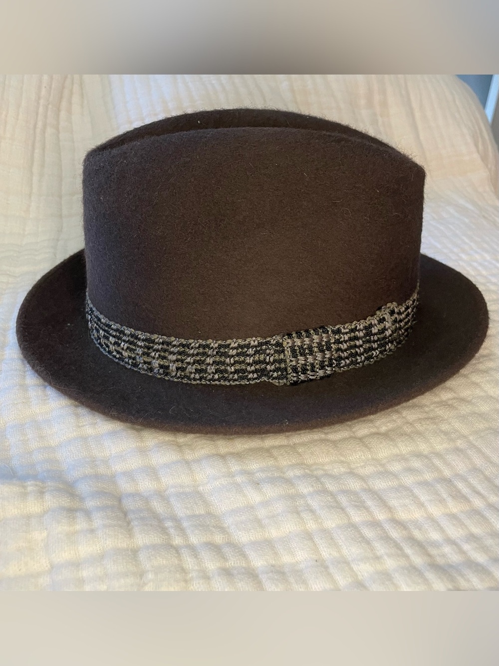 Vintage John Kollins 100% Wool Brown Fedora Hat with Tweed band Size 6 3/4